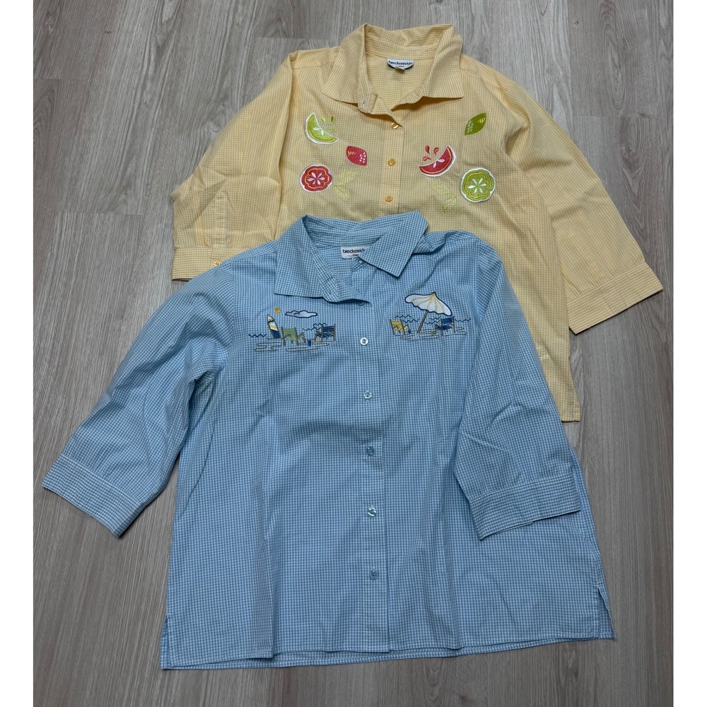 Breckenridge Woman 1X Gingham Button Down Shirts Set 2 Citrus Beach Embroidered